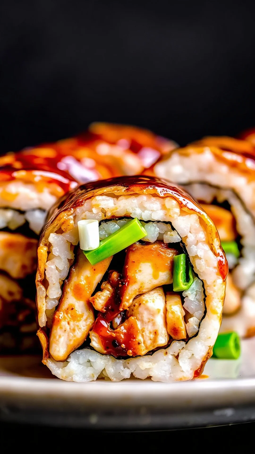 Glazed marinated chicken sushi roll with ginger soy marinade bean sprouts green onion garnish detailed macro shot