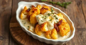 Golden baked cauliflower tartiflette with melted reblochon cheese, lardons, creamy sauce, fresh thyme garnish, rustic wooden