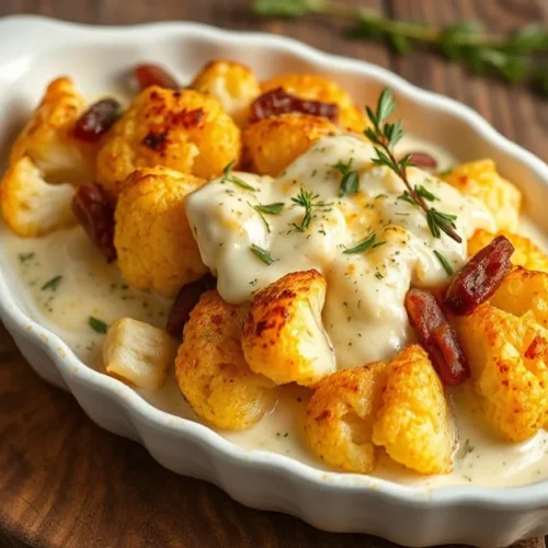 Golden baked cauliflower tartiflette with melted reblochon cheese, lardons, creamy sauce, fresh thyme garnish, rustic wooden