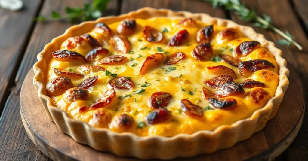 Golden baked quiche tartiflette with melted cheese and crispy potatoes, rustic savory tart on wooden table with fresh herbs g