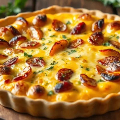 Golden baked quiche tartiflette with melted cheese and crispy potatoes, rustic savory tart on wooden table with fresh herbs g