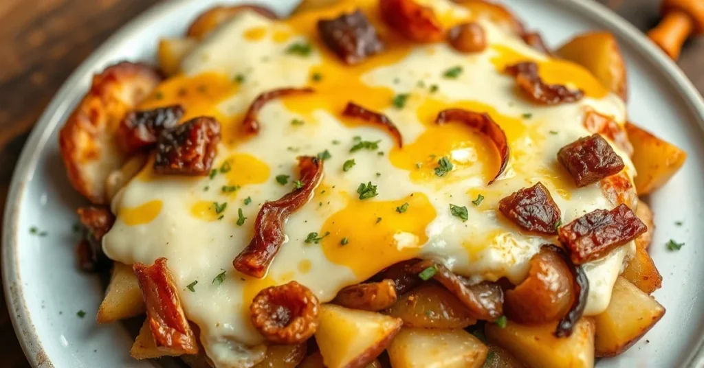 Golden baked tartiflette dish with melted Reblochon cheese, crispy lardons, caramelized onions and potatoes, French Alpine sp