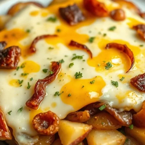 Golden baked tartiflette dish with melted Reblochon cheese, crispy lardons, caramelized onions and potatoes, French Alpine sp