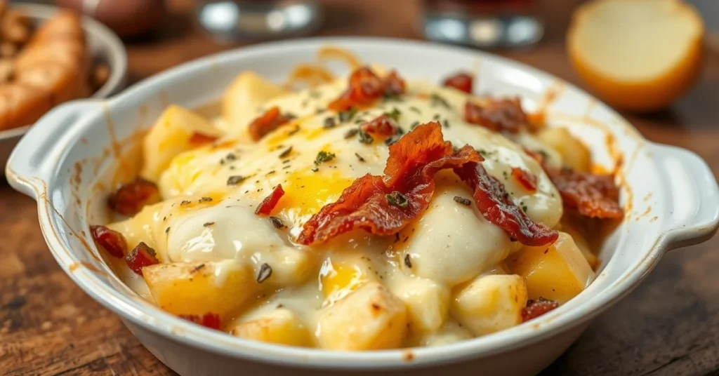 Golden baked tartiflette savoyard with melted reblochon cheese, crispy lardons, creamy potatoes, warm rustic French Alpine di
