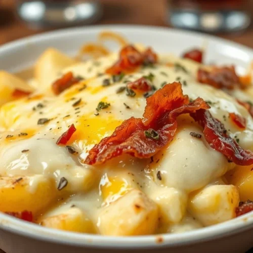 Golden baked tartiflette savoyard with melted reblochon cheese, crispy lardons, creamy potatoes, warm rustic French Alpine di