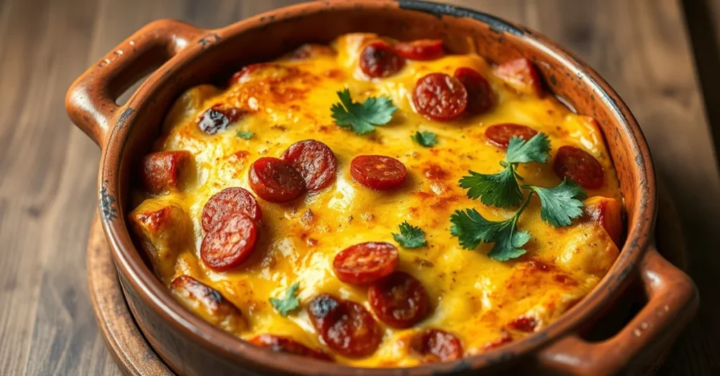 Golden-baked tartiflette with chorizo, melted reblochon cheese, crispy top, fresh parsley garnish, rustic earthenware dish, w
