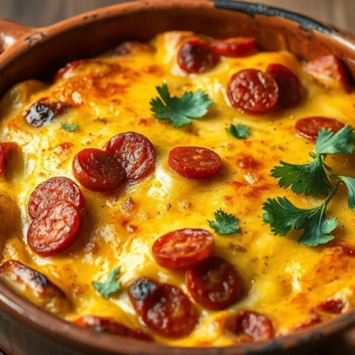 Golden-baked tartiflette with chorizo, melted reblochon cheese, crispy top, fresh parsley garnish, rustic earthenware dish, w