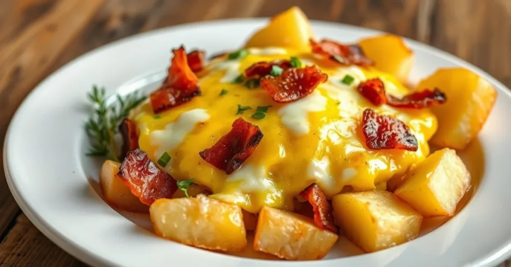 Golden baked tartiflette with melted cheese, crispy bacon pieces, and tender potatoes in rustic French alpine dish presentati