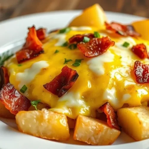 Golden baked tartiflette with melted cheese, crispy bacon pieces, and tender potatoes in rustic French alpine dish presentati