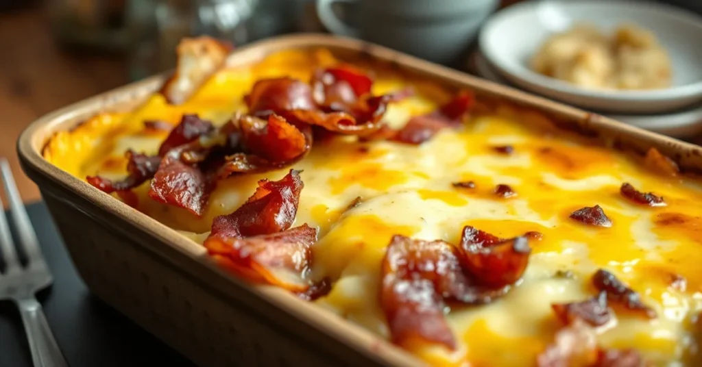 Golden baked tartiflette with melted raclette cheese, crispy bacon, caramelized onions, and creamy potatoes in rustic baking