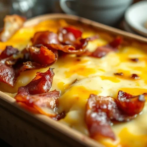 Golden baked tartiflette with melted raclette cheese, crispy bacon, caramelized onions, and creamy potatoes in rustic baking