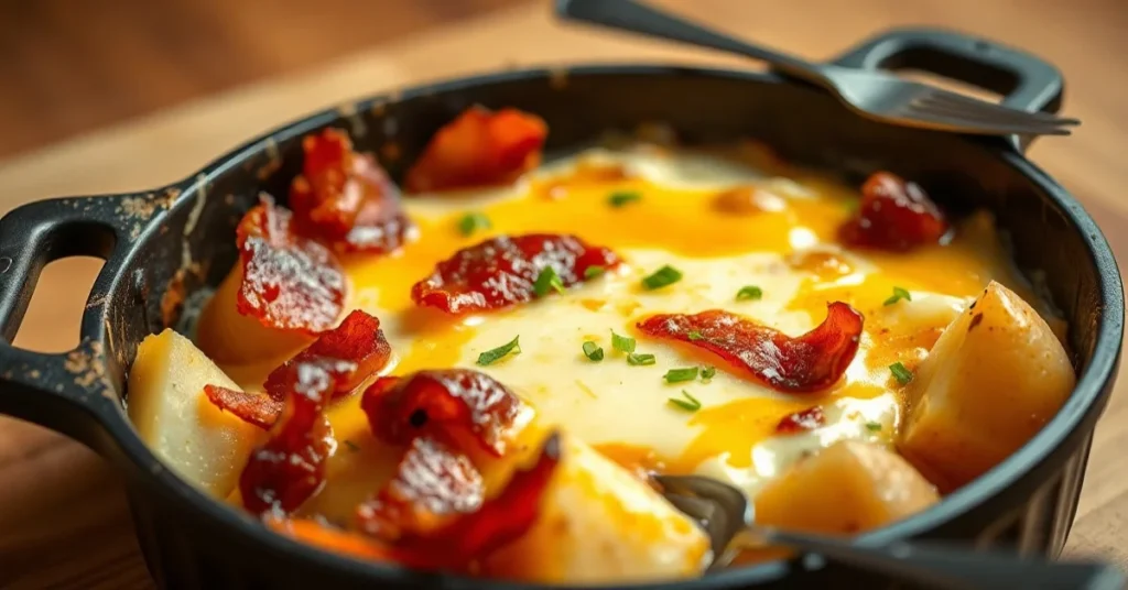 Golden baked tartiflette with melted reblochon cheese, crispy bacon, and tender potatoes in a rustic cast iron gratin dish, s