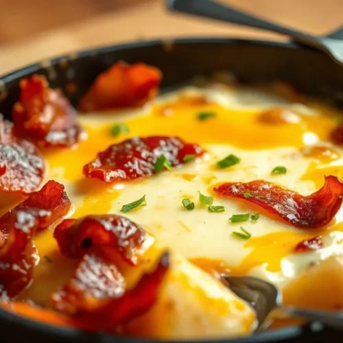 Golden baked tartiflette with melted reblochon cheese, crispy bacon, and tender potatoes in a rustic cast iron gratin dish, s