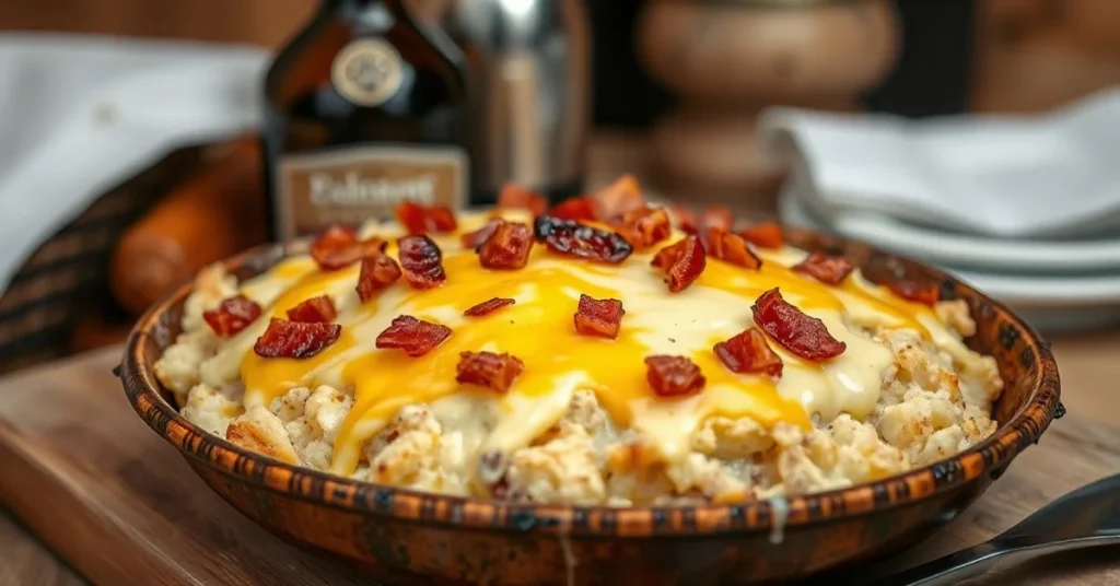 Golden baked tartiflette with melted reblochon cheese on top, crispy bacon bits, steaming potato gratin dish, rustic alpine v