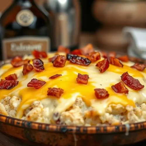 Golden baked tartiflette with melted reblochon cheese on top, crispy bacon bits, steaming potato gratin dish, rustic alpine v