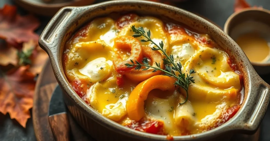 Golden baked tartiflette with melted reblochon cheese and butternut squash, herbs garnish, rustic ceramic dish, warm autumn l