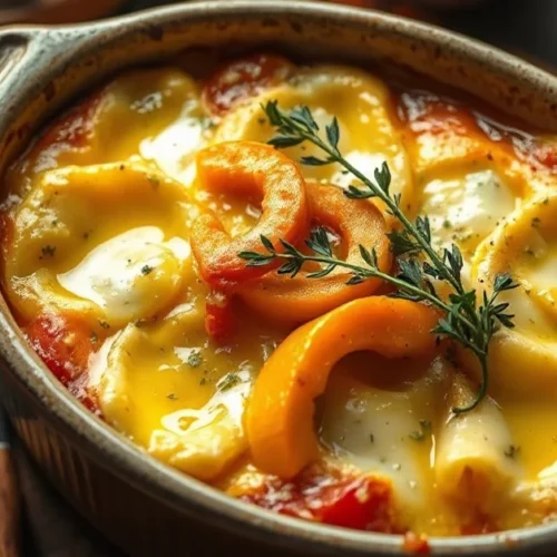 Golden baked tartiflette with melted reblochon cheese and butternut squash, herbs garnish, rustic ceramic dish, warm autumn l