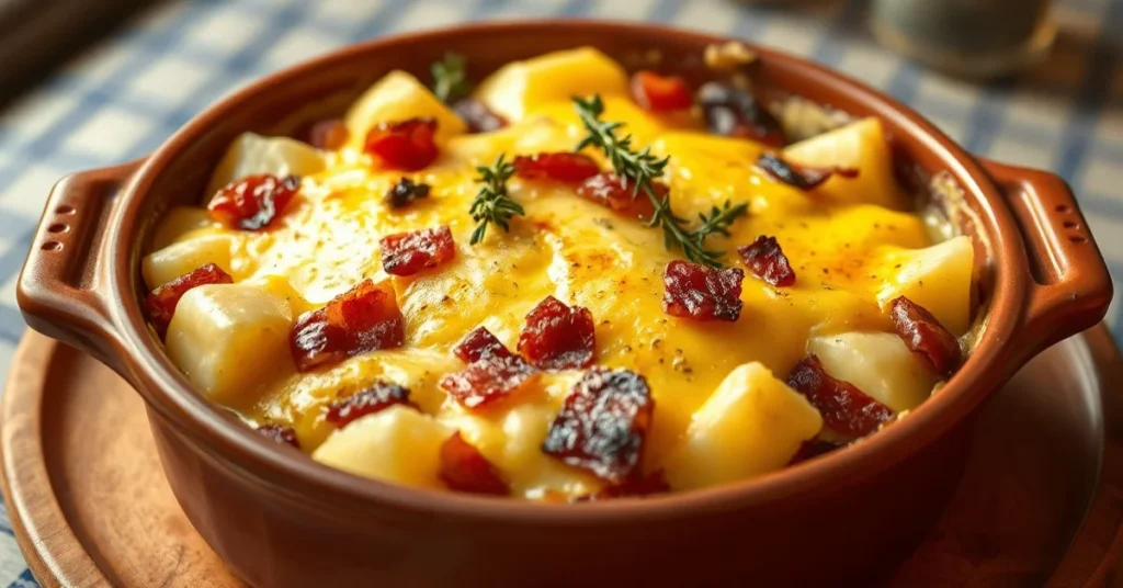 Golden baked tartiflette with melted reblochon cheese, crispy bacon pieces, and creamy potatoes in a rustic earthenware dish,