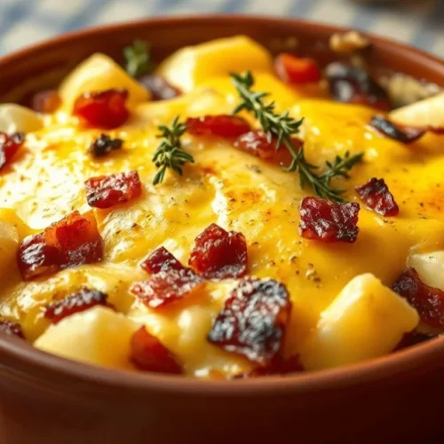 Golden baked tartiflette with melted reblochon cheese, crispy bacon pieces, and creamy potatoes in a rustic earthenware dish,