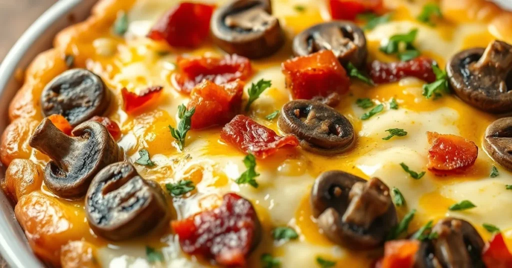 Golden baked tartiflette with mushrooms, melted cheese, crispy bacon, tender potatoes, fresh herbs, appetizing close-up shot