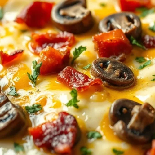 Golden baked tartiflette with mushrooms, melted cheese, crispy bacon, tender potatoes, fresh herbs, appetizing close-up shot