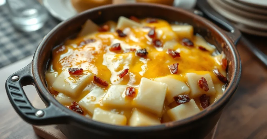 Golden bubbling tartiflette with melted Reblochon cheese on top, creamy potato layers, crispy lardons visible, served in rust