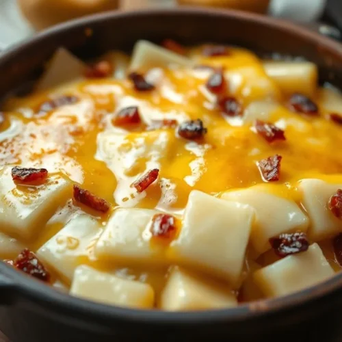 Golden bubbling tartiflette with melted Reblochon cheese on top, creamy potato layers, crispy lardons visible, served in rust