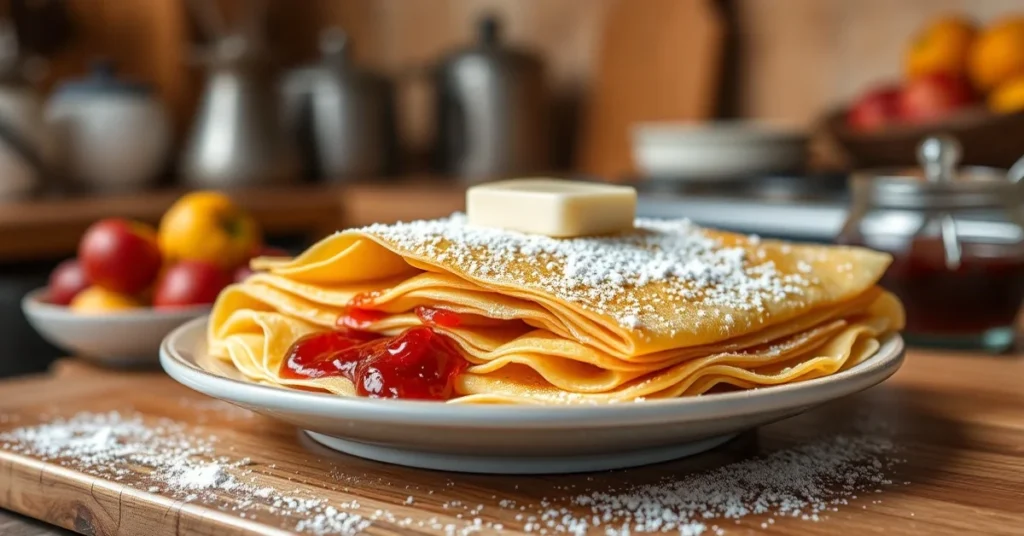 Golden crepes stacked on plate with butter, jam and powdered sugar, warm rustic kitchen background, traditional French breakf
