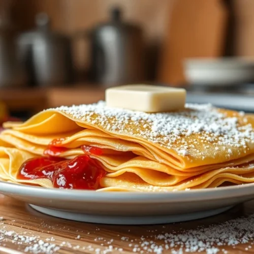 Golden crepes stacked on plate with butter, jam and powdered sugar, warm rustic kitchen background, traditional French breakf