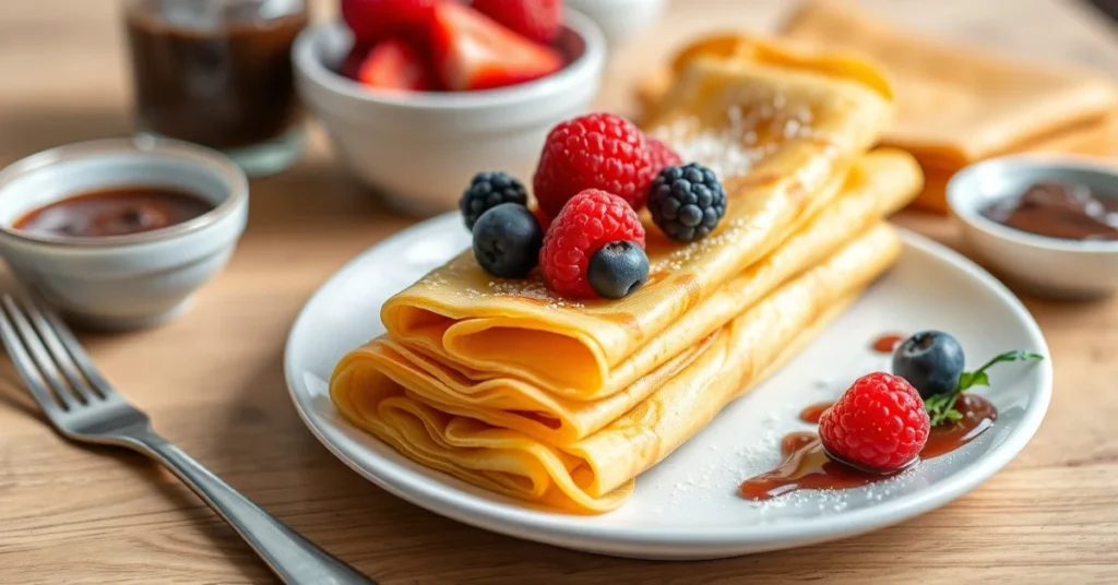 Golden crepes stacked on white plate with fresh berries, chocolate spread, and jam. Breakfast table setup. Professional food