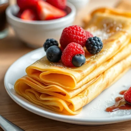 Golden crepes stacked on white plate with fresh berries, chocolate spread, and jam. Breakfast table setup. Professional food