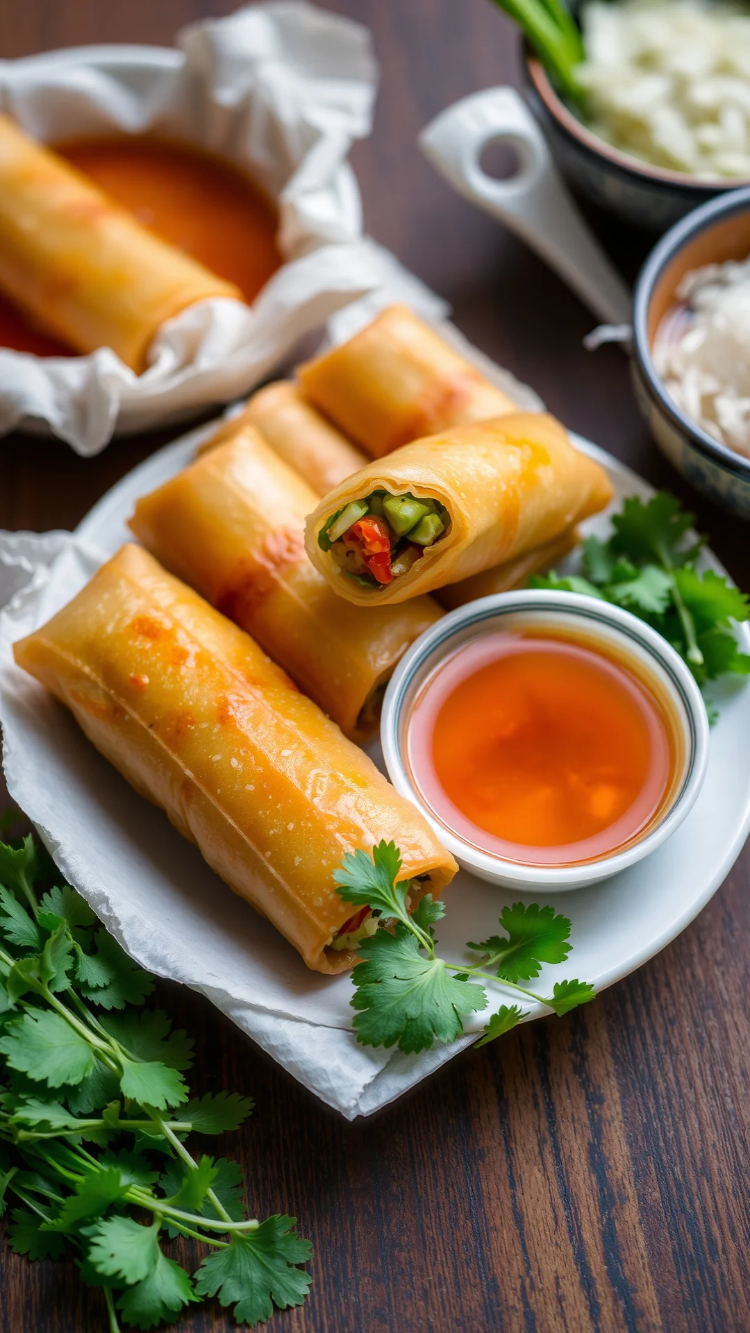 Golden crispy fried spring rolls with vegetable filling, served with nuoc mam sauce, fresh herbs, rice vermicelli, Vietnamese