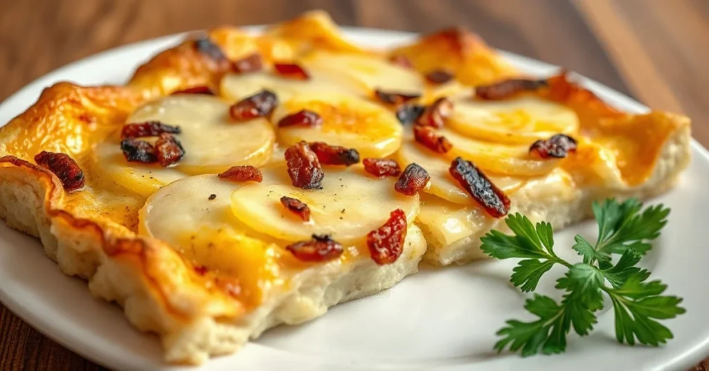 Golden, crispy savory French tartiflette tart with melted Reblochon cheese, sliced potatoes, and lardons on white plate with