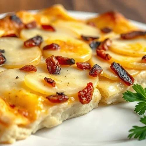 Golden, crispy savory French tartiflette tart with melted Reblochon cheese, sliced potatoes, and lardons on white plate with