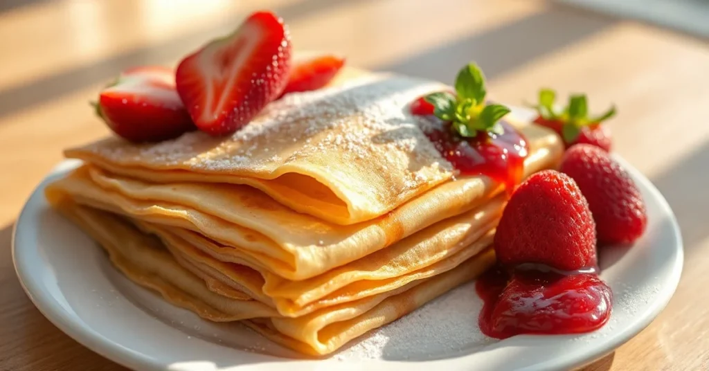 Golden delicate French crêpes stacked on white plate, fresh strawberries and jam, dusted with powdered sugar, morning sunlig