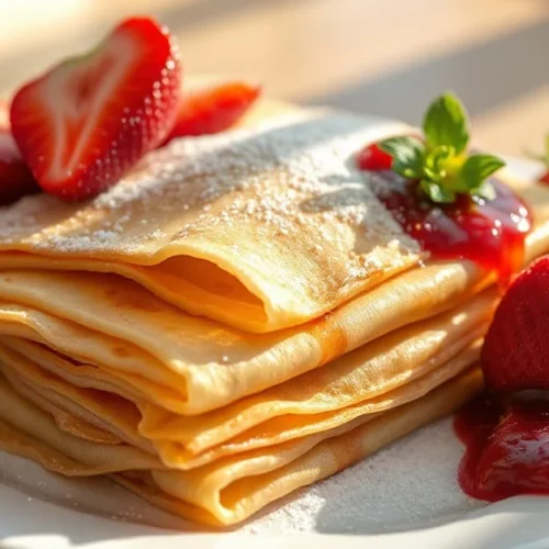 Golden delicate French crêpes stacked on white plate, fresh strawberries and jam, dusted with powdered sugar, morning sunlig