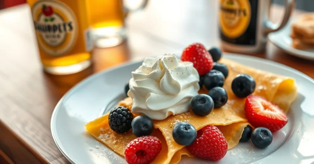 Golden fluffy crepes with beer, fresh berries, whipped cream, French breakfast table setting, warm lighting, delicious presen