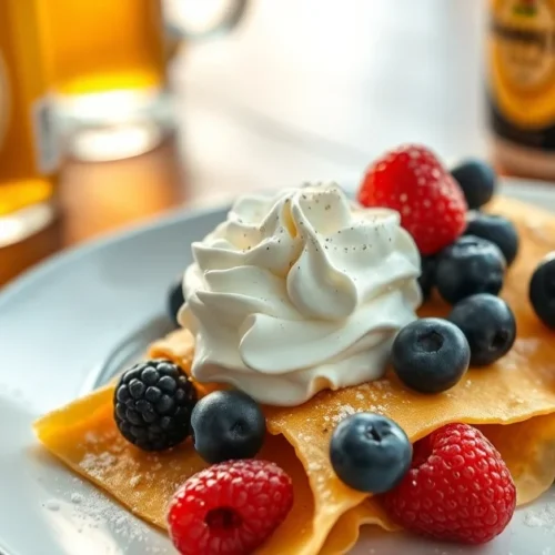 Golden fluffy crepes with beer, fresh berries, whipped cream, French breakfast table setting, warm lighting, delicious presen