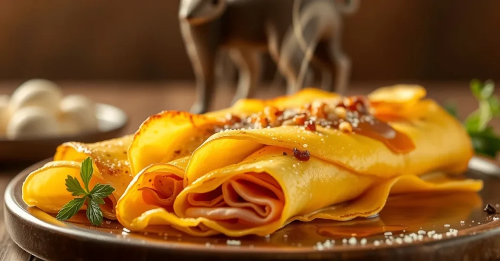 Golden French crêpes folded with melted Emmental cheese and quality ham, steam rising, professional food photography, warm l