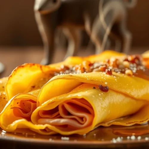 Golden French crêpes folded with melted Emmental cheese and quality ham, steam rising, professional food photography, warm l