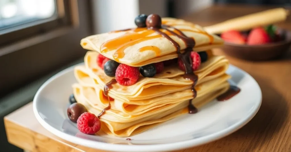 Golden gluten-free crepes stacked on white plate with fresh berries, honey drizzle, and chocolate sauce, warm morning light
