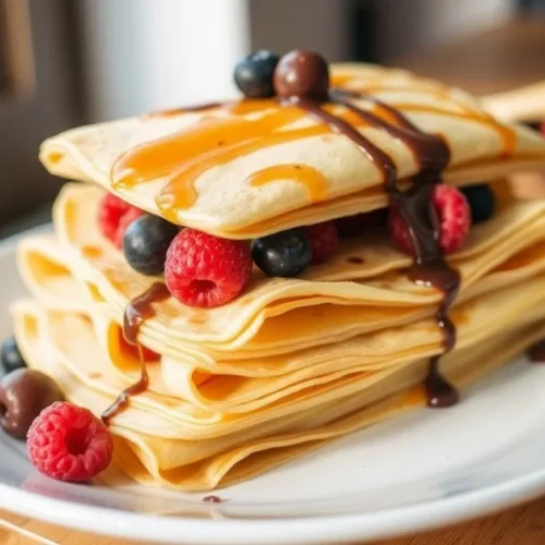 Golden gluten-free crepes stacked on white plate with fresh berries, honey drizzle, and chocolate sauce, warm morning light