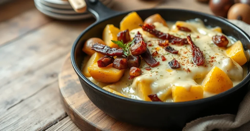 Golden tartiflette in cast iron skillet with melted reblochon cheese, crispy potatoes, smoky lardons, creamy sauce. Alpine co