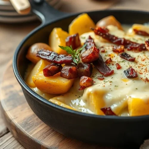 Golden tartiflette in cast iron skillet with melted reblochon cheese, crispy potatoes, smoky lardons, creamy sauce. Alpine co