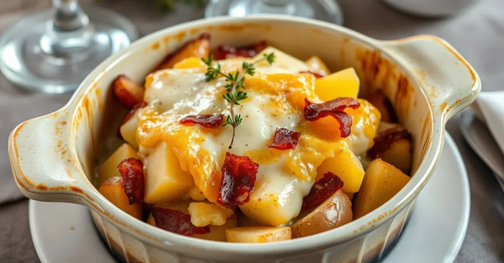 Golden tartiflette without cream in ceramic gratin dish, melted reblochon cheese, crispy bacon, potatoes, fresh thyme garnish
