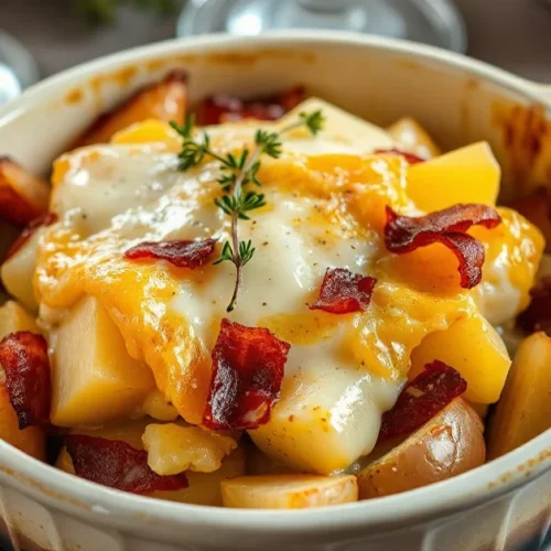 Golden tartiflette without cream in ceramic gratin dish, melted reblochon cheese, crispy bacon, potatoes, fresh thyme garnish