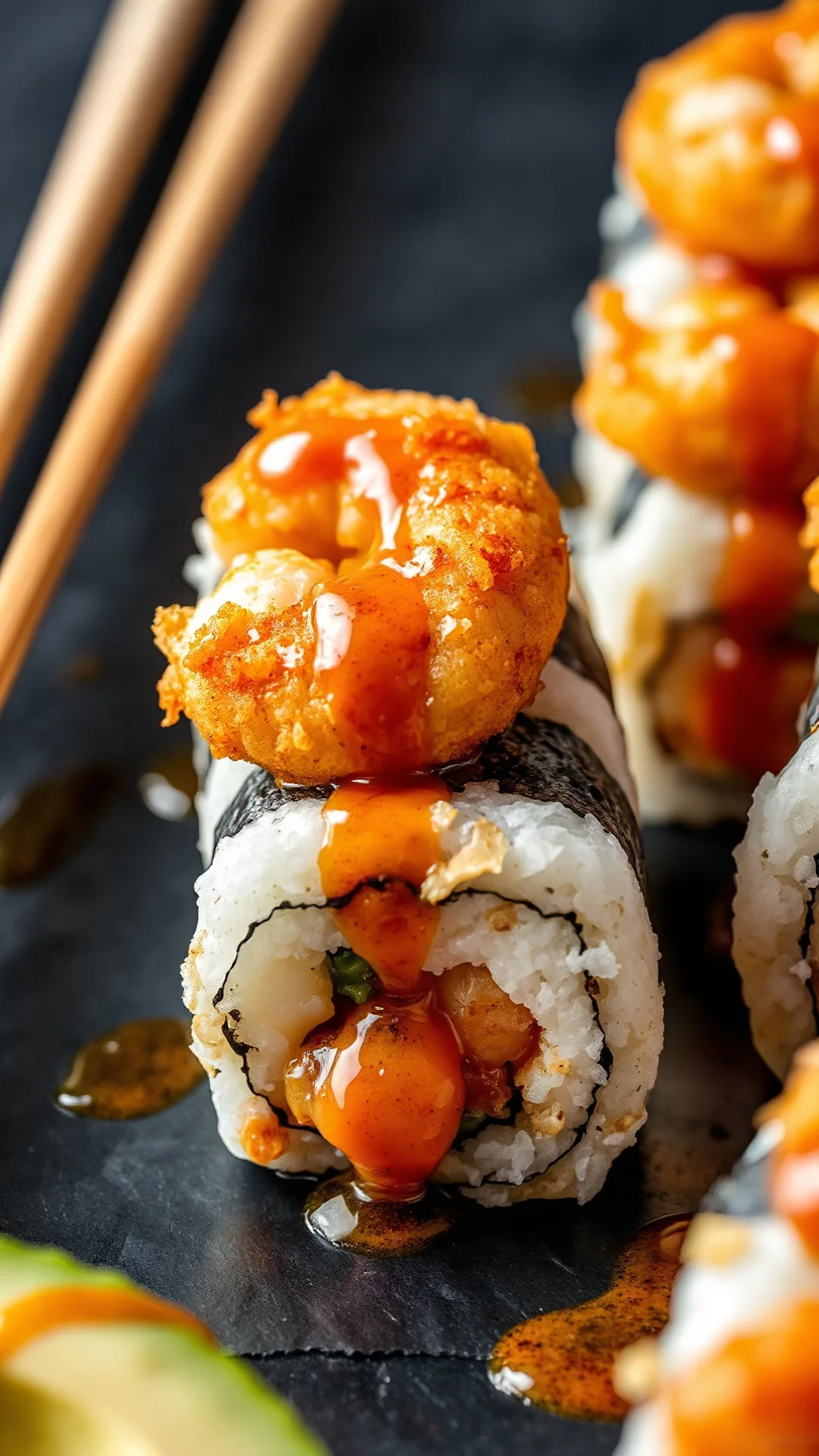Golden tempura shrimp sushi roll with spicy sriracha mayo sauce, fresh avocado, dramatic close-up professional food photograp