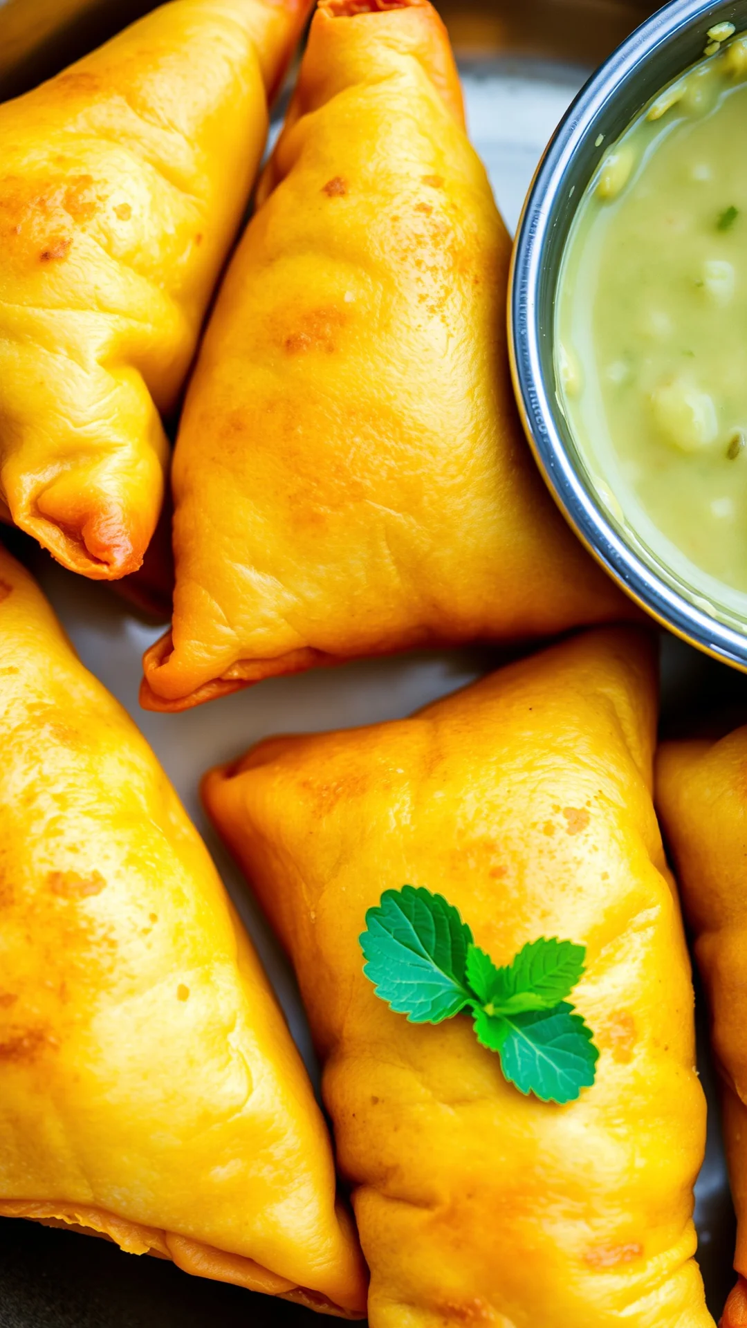 Golden triangular samosas with spiced potato filling, served with mint chutney, Indian vegetarian appetizer, crispy fried pas
