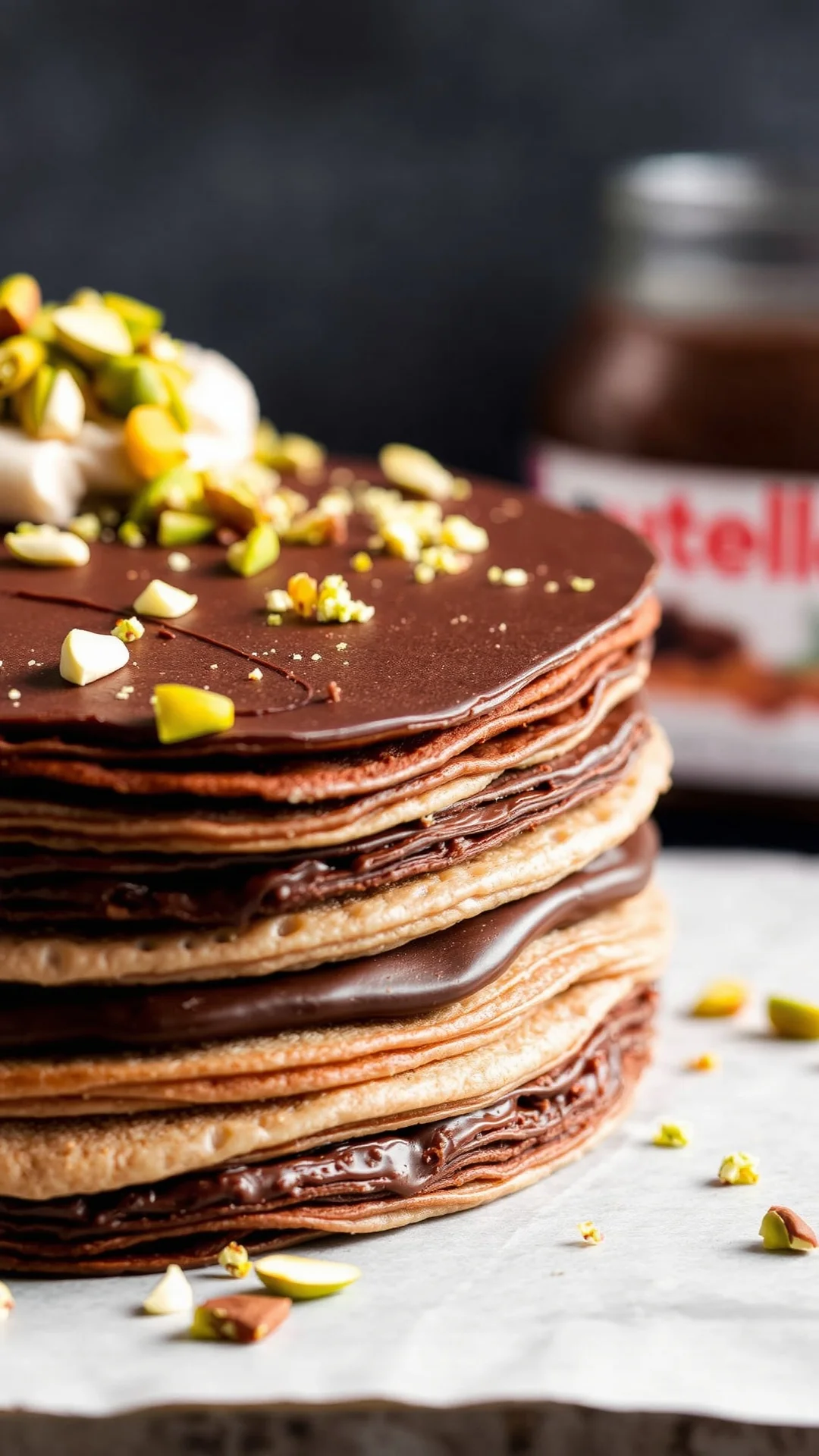 Gourmet chocolate hazelnut crepe cake with crushed pistachios, Nutella filling, layers of rich chocolate, close-up portrait v