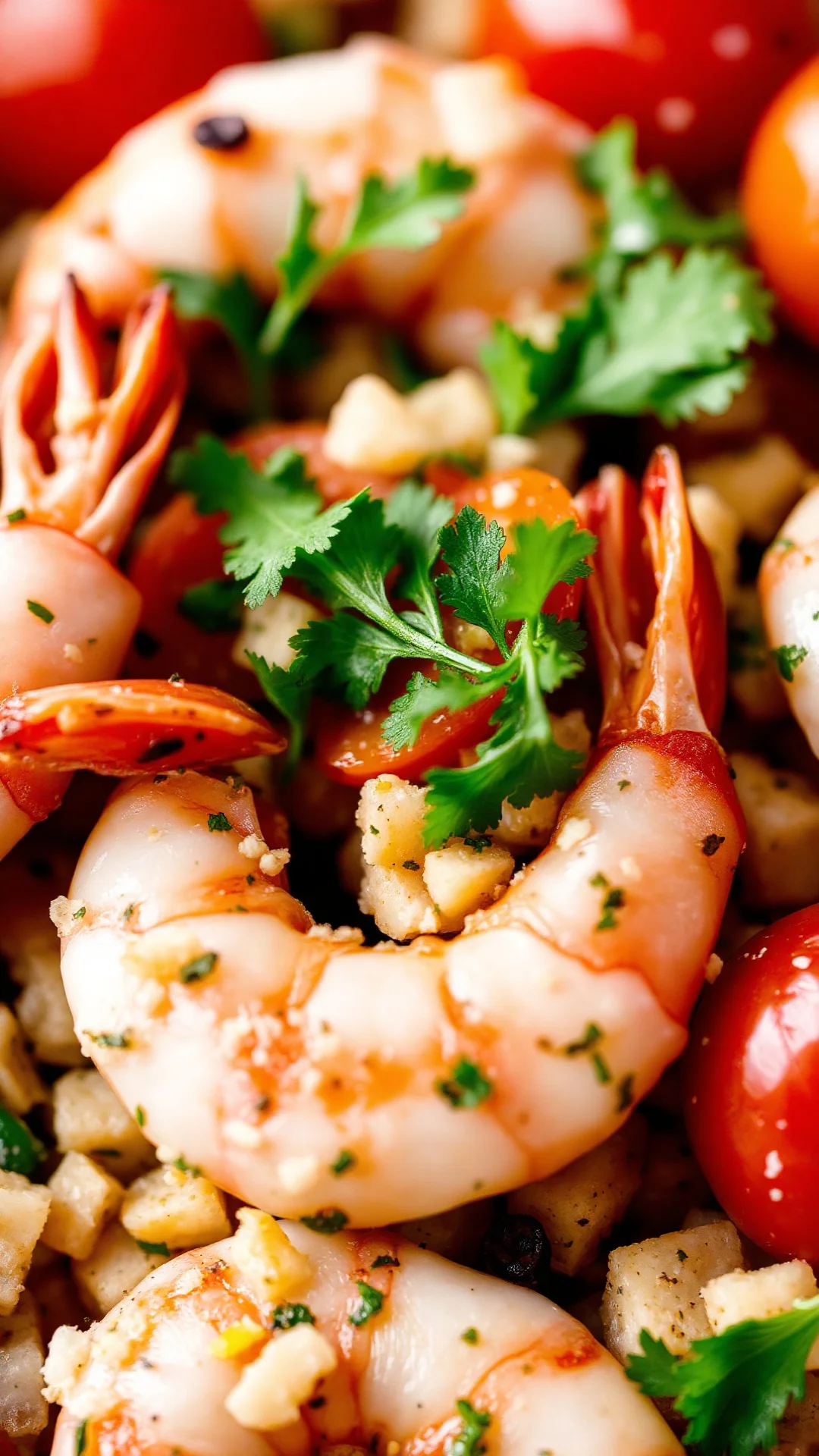 Gourmet shrimp tabbouleh with fresh herbs, lemon zest, cherry tomatoes, seafood salad close-up detailed shot